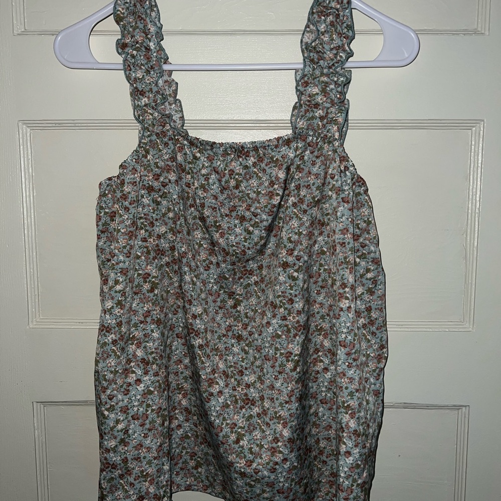 Floral Ruffle Strap Tank Top - Light Blue